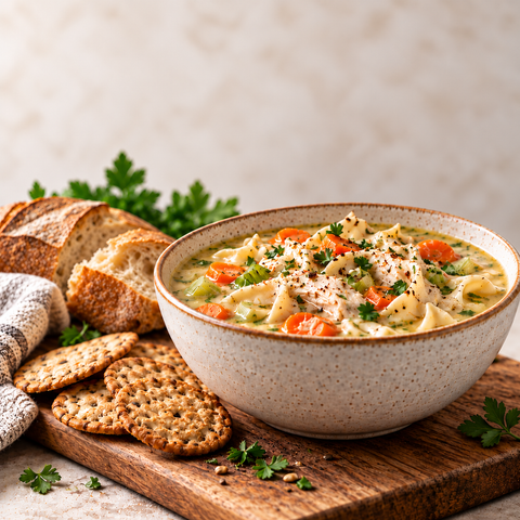 SnS Dips soup mixes collection with chicken noodle soup, artisan bread and crackers