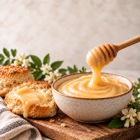 A ceramic bowl filled with flavored creamed honey, with a wooden honey dipper lifting the honey above the bowl. Two warm biscuits are spread with the whipped honey on a wooden board, with small white flowers and green leaves in the background.