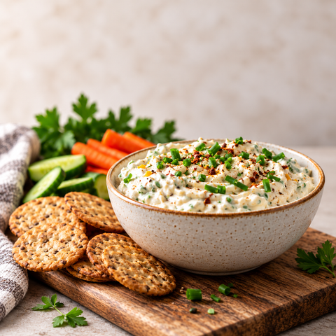 A ceramic bowl filled with creamy herb dip, garnished with chopped chives and red pepper flakes, served on a wooden board with crackers, cucumber slices, carrot sticks, and parsley on a light tabletop.