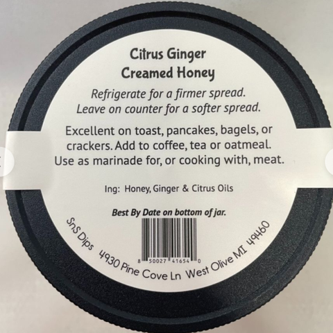 Top of the SnS Dips Citrus Ginger Creamed Honey jar